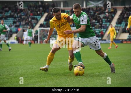 Easter Road Stadium, Edimburgo, Scozia. UK .22nd Feb 20. Partita di premiership scozzese Hibernian vs Livingston. Hibs Greg Dochrety (15) tussle con Steven Lawless (L) credito: Eric mccowat/Alamy Live News Foto Stock