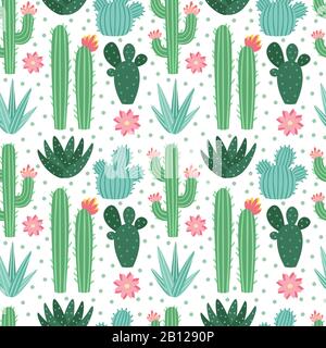 Motivo di cactus senza cuciture. Piante di casa di cactus del deserto esotiche, che ripetono cactuses sfondo vettoriale Illustrazione Vettoriale