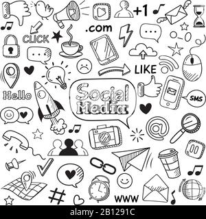 Barboncino dei social media. Internet website doodles, comunicazione di social network e online web disegnato a mano vettore icone set Illustrazione Vettoriale