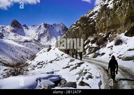 Spedizione turistica alla ricerca di leopardo neve nella valle di Ulley. Ladakh. Himalaya. India Foto Stock