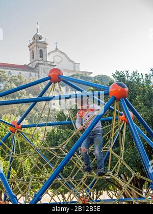 Ragazzo sale su corde di una cremagliera tra mandarini in Jardim da Cerca parco. Sullo sfondo c'è la torre dell'orologio del Convento de Nossa Senhora. Foto Stock