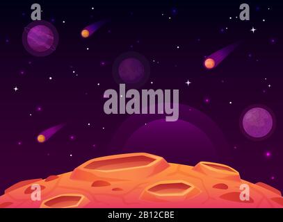 Superficie asteroide spaziale. Pianeta con crateri superficie, spazio pianeti paesaggio e cometa cratere immagine vettore cartone animato Illustrazione Vettoriale