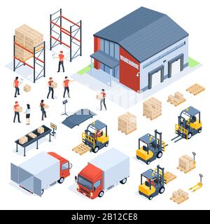 Logistica magazzino isometrico. Industria del trasporto del carico, logistica di distribuzione all'ingrosso e pallet distribuiti 3d insieme vettoriale isometrico Illustrazione Vettoriale