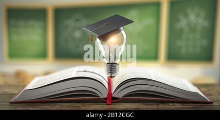 Istruzione, apprendimento su scuola e università o idea concetto. Libro aperto con lampadina leggera e cappuccio di graduazione sullo sfondo della lavagna in aula. 3d illu Foto Stock