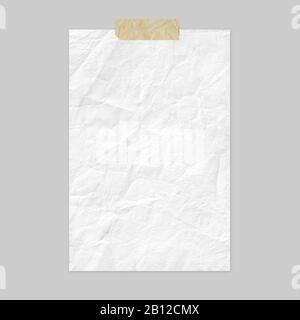 Foglio di carta bianco sbriciolato su sfondo grigio chiaro, vista frontale poster mockup A4 con nastro adesivo Foto Stock