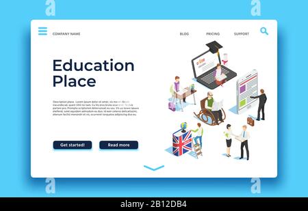 Landing page del settore Education. Persone isometriche imparare con ebooks smatphones e laptop. Disegno vettoriale di fotoricettore Illustrazione Vettoriale