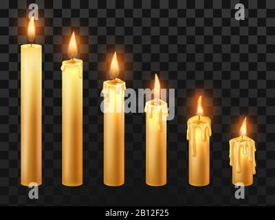 Candela bruciante. Bruciano candele chiesa, fuoco di cera e candela di Natale isolato realistico vettore oggetti set Illustrazione Vettoriale