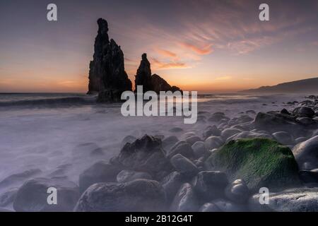 Ribera da Janela presso sunrise, spiaggia rocciosa con formazione di roccia, Madera, Ribera de Janela, Portogallo Foto Stock