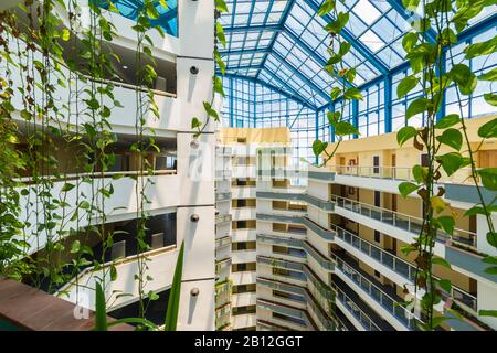 Ampia lobby di un hotel con interni molto moderni disegnati con una cupola di vetro e piante appese al soffitto. Foto Stock