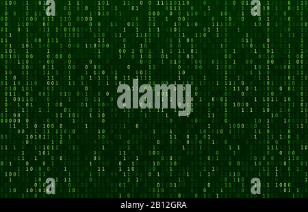 Flusso di codice della matrice. Schermata dei codici di dati verdi, flusso di numeri binari e riga di crittografia del computer schermate vettore astratto sfondo Illustrazione Vettoriale