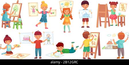 Disegno di bambini. Kid illustratore, baby disegno giocare e disegnare bambini gruppo cartone animato vettore illustrazione Illustrazione Vettoriale