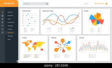 Dashboard grafici. Grafico dei dati infografici, pannello di amministrazione del sito Web e modelli vettoriali per grafici finanziari Illustrazione Vettoriale