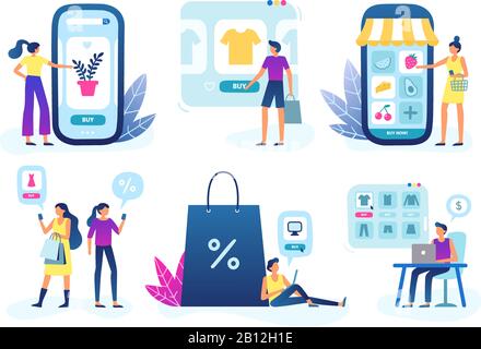 Negozio online. Commercio di deposito di fotoricettore, servizio di consegna di merci del cliente e illustrazione del vettore di acquisto e di vendita del Internet Illustrazione Vettoriale