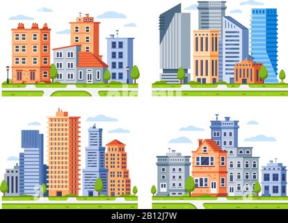 Immobili. Città case paesaggio urbano, casa di appartamenti città e urbano quartiere residenziale vettore illustrazione set Illustrazione Vettoriale