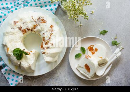 Dessert di Pannacotta. Cottage souffle di formaggio panna cotta con albicocche e decorazioni di cocco su una pietra o ardesia su un piano di lavoro leggero. Vista dall'alto piano Lay ba Foto Stock