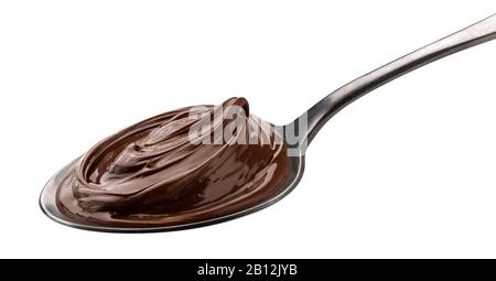 Crema di cioccolato in cucchiaio isolato su sfondo bianco Foto Stock