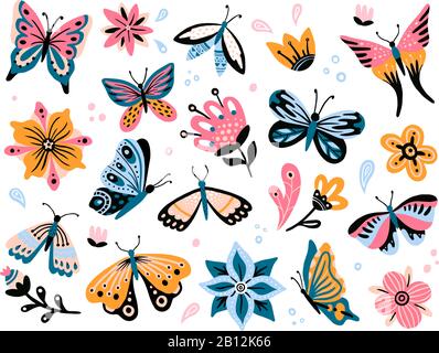 Fiori primaverili e farfalle. Variopinto fiore giardino, decorazioni floreali ed elegante set vettoriale isolato in butterfy Illustrazione Vettoriale