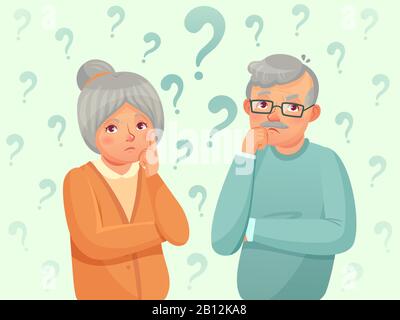 Pensare coppia anziani. Persone anziane confuse. Nonno, nonna dimenticare e provare a ricordare cartone animato vettore illustrazione Illustrazione Vettoriale