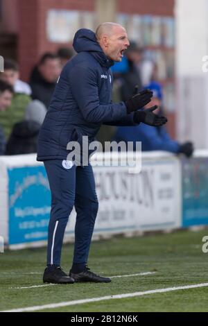 Dumfries, Scozia, Regno Unito. 22nd Febbraio; Palmerston Park, Dumfries, Scozia; Scottish Championship, Queen Of The South Versus Dundee Football Club; Queen Of The South Manager Allan Johnston Credit: Action Plus Sports Images/Alamy Live News Foto Stock