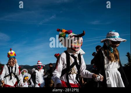 Almiruete, Guadalajara, Spagna. 22nd Feb, 2020. Le persone vestite come Botargas e Mascaritas prendono parte al Carnevale di Almiruete, uno dei più antichi carnevali tradizionali della Spagna di origine medievale. Le maschere sono fatte con oggetti che simboleggiano la natura e secondo la tradizione, sfilano attraverso il villaggio per difendere i piedi dagli spiriti del diavolo e hanno un raccolto prospero nella primavera. Credito: Marcos Del Mazo/Alamy Live News Foto Stock