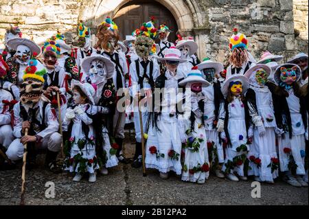 Almiruete, Guadalajara, Spagna. 22nd Feb, 2020. Le persone vestite come Botargas e Mascaritas prendono parte al Carnevale di Almiruete, uno dei più antichi carnevali tradizionali della Spagna di origine medievale. Le maschere sono fatte con oggetti che simboleggiano la natura e secondo la tradizione, sfilano attraverso il villaggio per difendere i piedi dagli spiriti del diavolo e hanno un raccolto prospero nella primavera. Credito: Marcos Del Mazo/Alamy Live News Foto Stock