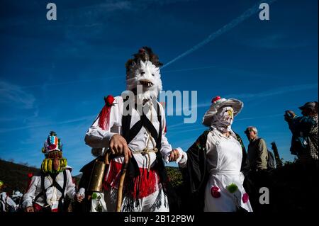 Almiruete, Guadalajara, Spagna. 22nd Feb, 2020. Le persone vestite come Botargas e Mascaritas prendono parte al Carnevale di Almiruete, uno dei più antichi carnevali tradizionali della Spagna di origine medievale. Le maschere sono fatte con oggetti che simboleggiano la natura e secondo la tradizione, sfilano attraverso il villaggio per difendere i piedi dagli spiriti del diavolo e hanno un raccolto prospero nella primavera. Credito: Marcos Del Mazo/Alamy Live News Foto Stock