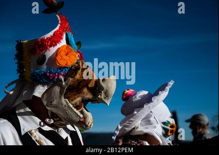 Almiruete, Guadalajara, Spagna. 22nd Feb, 2020. Le persone vestite come Botargas e Mascaritas prendono parte al Carnevale di Almiruete, uno dei più antichi carnevali tradizionali della Spagna di origine medievale. Le maschere sono fatte con oggetti che simboleggiano la natura e secondo la tradizione, sfilano attraverso il villaggio per difendere i piedi dagli spiriti del diavolo e hanno un raccolto prospero nella primavera. Credito: Marcos Del Mazo/Alamy Live News Foto Stock