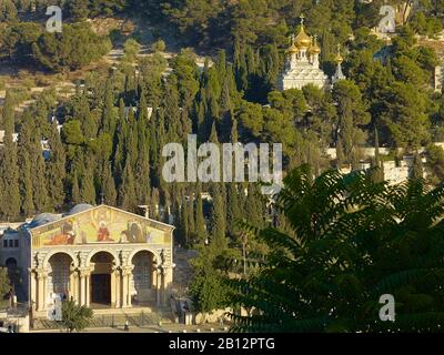 Chiesa delle Nazioni e Chiesa di Maria Maddalena sul Monte degli Ulivi a Gerusalemme, Israele Foto Stock