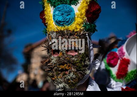 Almiruete, Guadalajara, Spagna. 22nd Feb, 2020. Un uomo vestito come Botargas prende parte al Carnevale di Almiruete, uno dei più antichi carnevali tradizionali della Spagna di origine medievale. Le maschere sono fatte con oggetti che simboleggiano la natura e secondo la tradizione, sfilano attraverso il villaggio per difendere i piedi dagli spiriti del diavolo e hanno un raccolto prospero nella primavera. Credito: Marcos Del Mazo/Alamy Live News Foto Stock