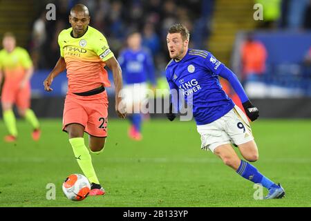 Leicester, Regno Unito. 22nd Feb, 2020. Jamie Vardy (9) di Leicester City cerca di sparare al traguardo durante la partita della Premier League tra Leicester City e Manchester City al King Power Stadium, Leicester sabato 22nd febbraio 2020. (Credit: Jon Hobley | MI News) La Fotografia può essere utilizzata solo per scopi editoriali di giornali e/o riviste, licenza richiesta per uso commerciale Credit: Mi News & Sport /Alamy Live News Foto Stock