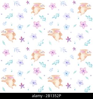 Felice Pasqua vacanza watercolor coniglio senza cuciture motivo con fiori e foglie, biglietto di auguri, isolato su bianco Foto Stock