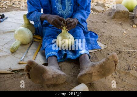 Un uomo di Burkinabe nel suo villaggio, tagliare zucche per trasformarle in contenitori per bere e mangiare, Burkina Faso Foto Stock