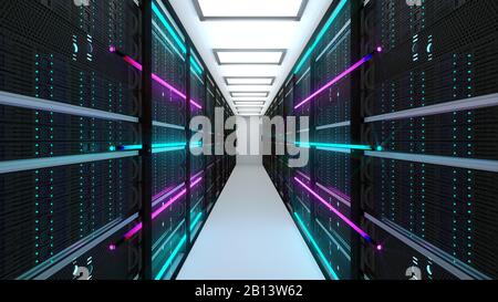 Moderna sala server interni nel data center, la rete web e internet tecnologia di telecomunicazione, big per la memorizzazione dei dati e il servizio cloud concetto, 3d Foto Stock