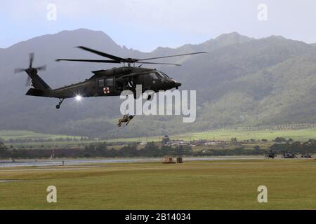 Hawaii Army National Guard Soldiers with 1st Battaglione, 189th General Support Aviation Battaglione si prepara a condurre la formazione sulle operazioni di sollevamento l'8 febbraio 2020 presso Wheeler Army Airfield, Wahiawa Hawaii. Il modello M Blackhawk, Medical Evacation (MEDEVAC) elicotteri treno operazioni di sollevamento in preparazione per il sostegno nazionale e statale di emergenza. (STATI UNITI Foto della Guardia Nazionale militare di Sgt. Matthew A. Foster) Foto Stock