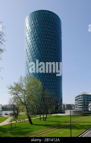 Westhafen Tower, edificio di uffici, OFB, architettura moderna, Westhafenplatz, Francoforte, Assia, Germania, Europa Foto Stock