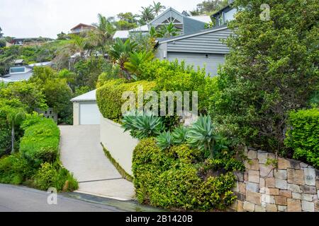 Australia privato abitazione giardino domestico fronte con piante verdi e cespugli nativi, Whale Beach sobborgo di Sydney, Australia Foto Stock