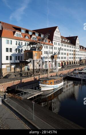 Porto Tempelhofer Sul Canale Teltow, Hitorische Krähne, Tempelhof, Berlino Foto Stock