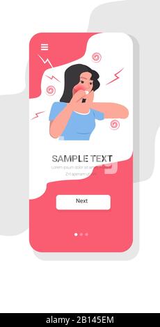 donna che ha mal di gola influenza influenza influenza sintomi smartphone schermo online mobile app ritratto copia spazio immagine vettore Illustrazione Vettoriale