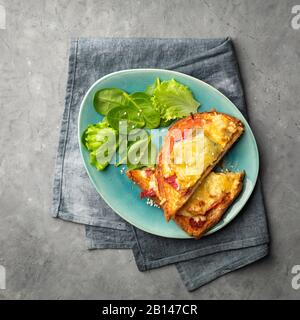 Panini cotti in forno con pomodoro, formaggio ed erbe su un piatto. Vista dall'alto. Foto Stock