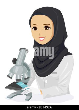 Illustrazione di uno studente teenage Girl in Qatar Che Indossa Hijab, Lab Gown e Guanti che tiene un vetrino di vetro per la vista Sotto un microscopio Foto Stock