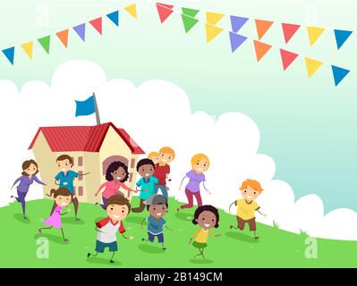 Illustrazione di un evento scolastico della Giornata della Famiglia con studenti, Genitori e insegnanti Che Corrono Lungo la collina Foto Stock
