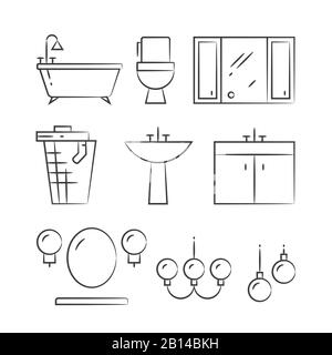 Mobili da bagno e luci disegnate a mano linee icone. Doccia e bagno, illustrazione vettoriale Illustrazione Vettoriale