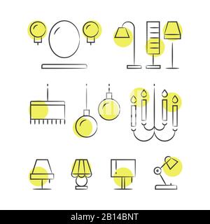 Icone delle linee di illuminazione disegnate a mano. Disegno della lampada di schizzo, illustrazione vettoriale Illustrazione Vettoriale