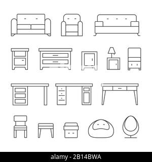 Icone linea mobili soggiorno set per interni stanza, illustrazione vettoriale Illustrazione Vettoriale