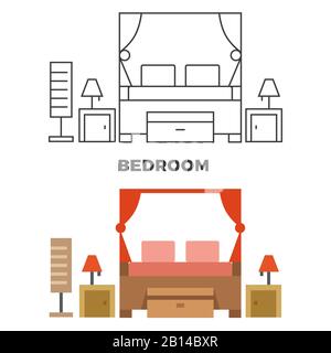 Concetto di camera da letto - stile appartamento e arredamento di stile linea camera da letto, illustrazione vettoriale Illustrazione Vettoriale