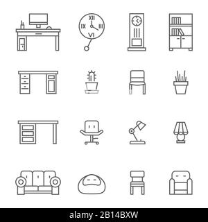 Mobili e accessori per la sala da lavoro icone sottili. Collezione di mobili lineari. Illustrazione del vettore Illustrazione Vettoriale
