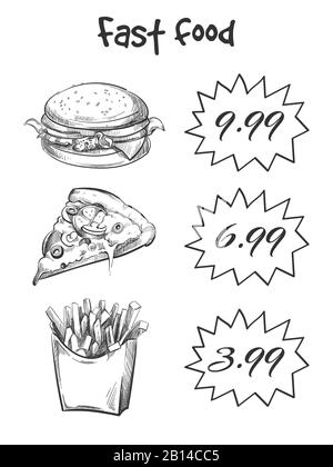Menu di fast food disegnato a mano isolato su sfondo bianco. Vettore schizzo fast food, illustrazione di pizza calda e hamburger Illustrazione Vettoriale