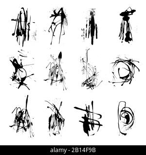 Elegante set vettoriale di schizzi d'inchiostro Blots collezione di schizzi. Elemento di design grunge, sfondo disordinato. Vettore tracciato manualmente di alta qualità Illustrazione Vettoriale