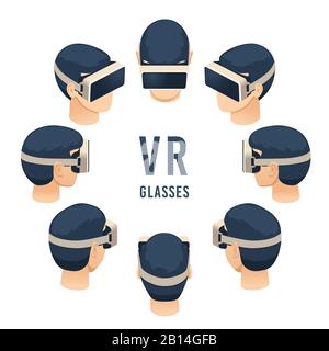 Entra in occhiali vr. Esperienza isometrica con cuffie per realtà virtuale o didattica. Set di illustrazioni vettoriali isolate Illustrazione Vettoriale