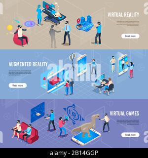 Persone isometriche in vr. Banner per auricolari per simulazione di realtà virtuale portatili. Raccolta di illustrazioni vettoriali Illustrazione Vettoriale